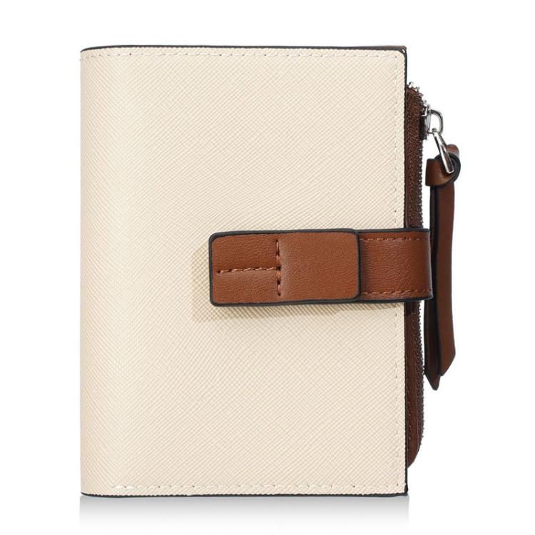 Beige compact snap wallet with brown front tab and zipper coin pocket pull