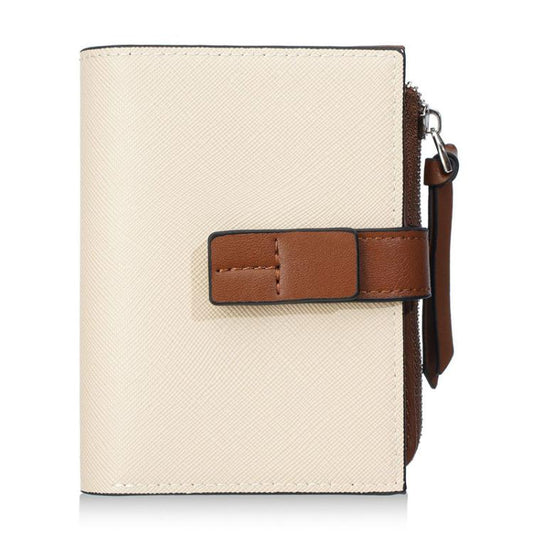 Beige compact snap wallet with brown front tab and zipper coin pocket pull