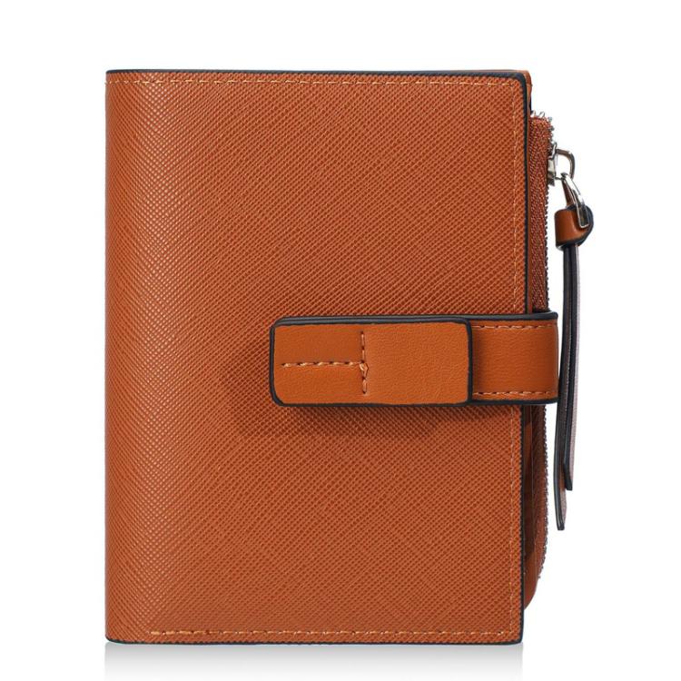 Brown compact snap wallet with tan front tab and side zipper coin pocket pull