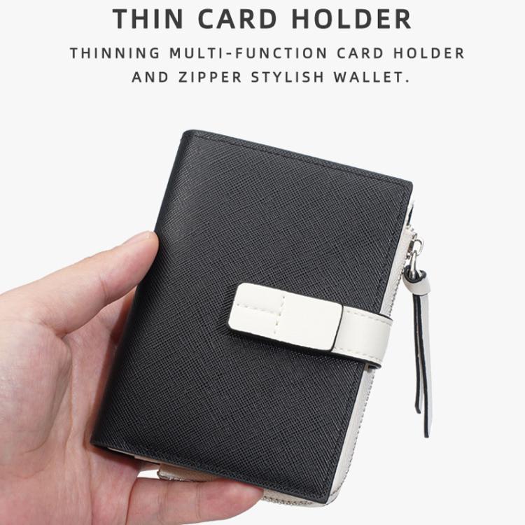 Black compact snap wallet with white front tab and side zipper coin pocket pull