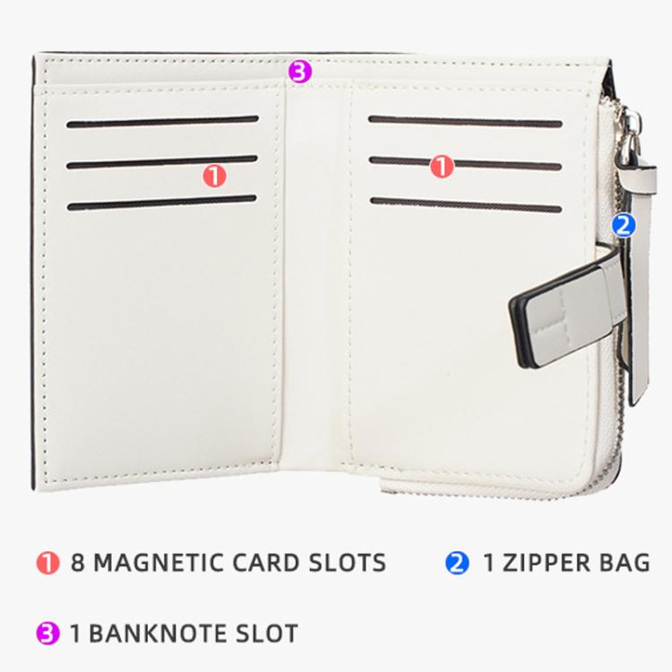 White bi-fold wallet with card slots and zipper coin pocket compartment