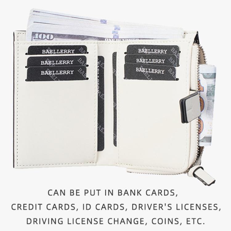 White compact wallet opened with card slots and zipper coin pocket showing contents