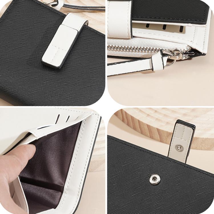 Black compact wallet close-up: snap tab, card slots, and zipper coin pocket