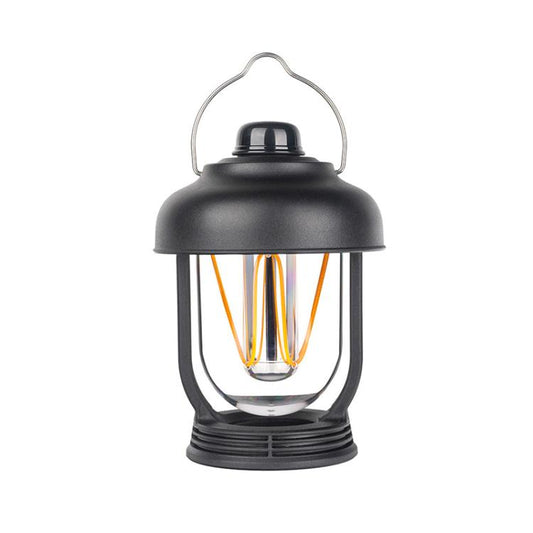 Black portable camping lantern with hanging handle and glowing filament bulbs