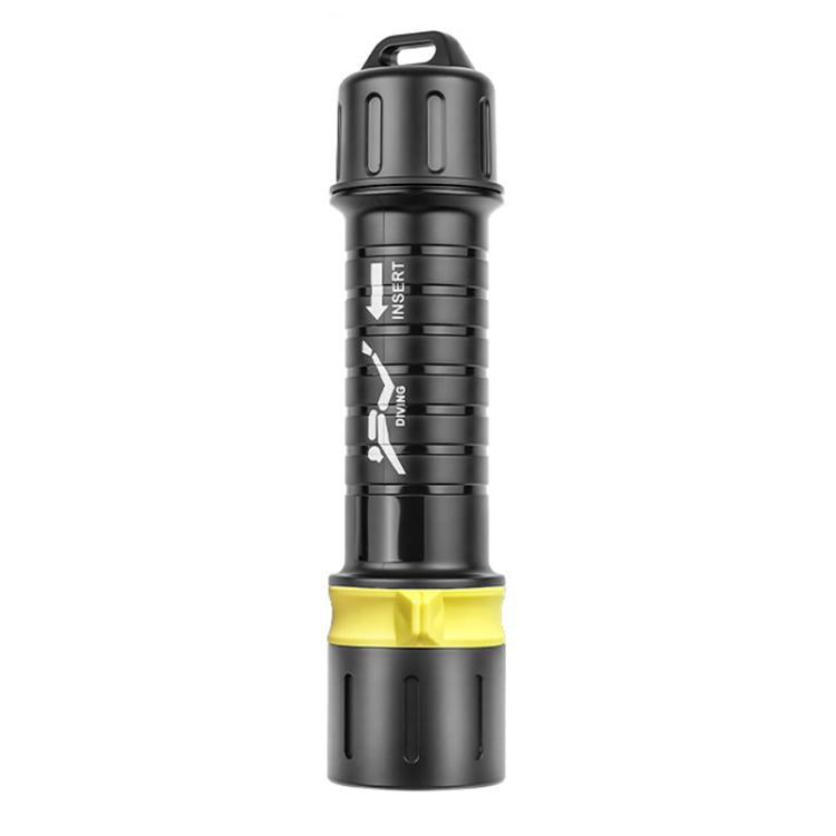 Black and yellow waterproof diving flashlight with handle and lanyard loop