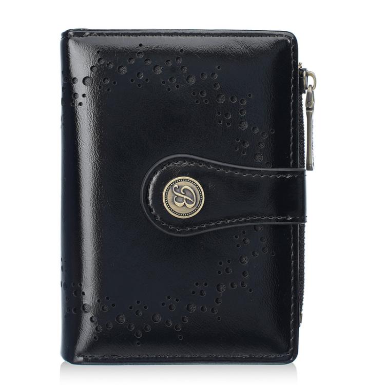 Women’s short wallet in black oil-waxed leather with perforated pattern and zipper