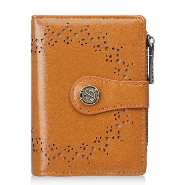 Women’s short wallet in brown oil-waxed leather with perforated pattern and zipper