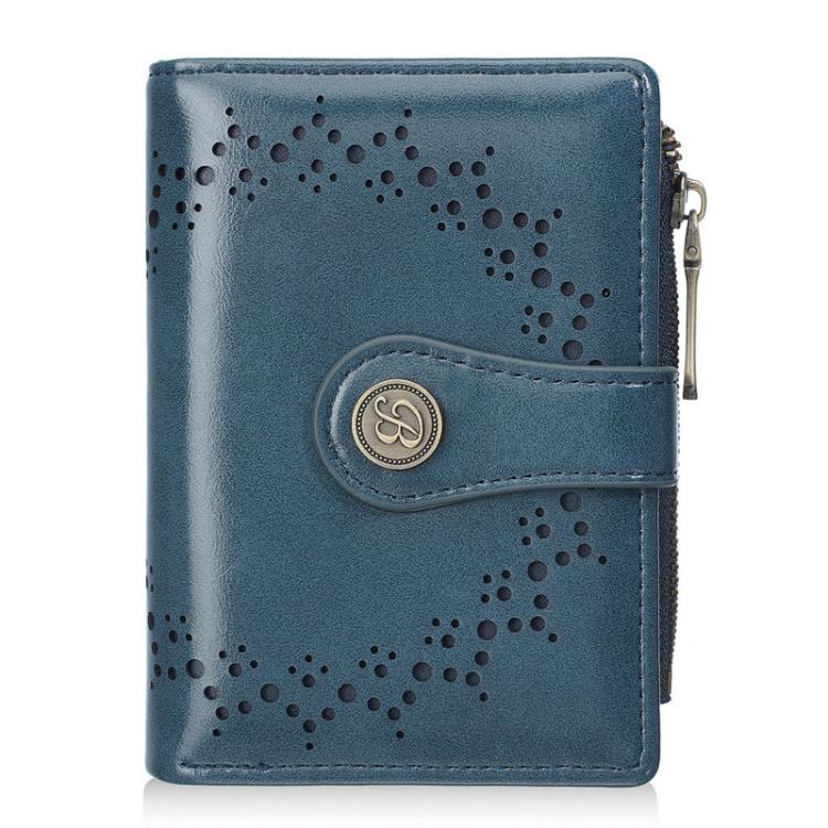 Women’s short wallet in blue oil-waxed leather with perforated pattern and zipper