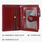 Red women’s short wallet interior with card slots, coin zipper pocket, and bill section