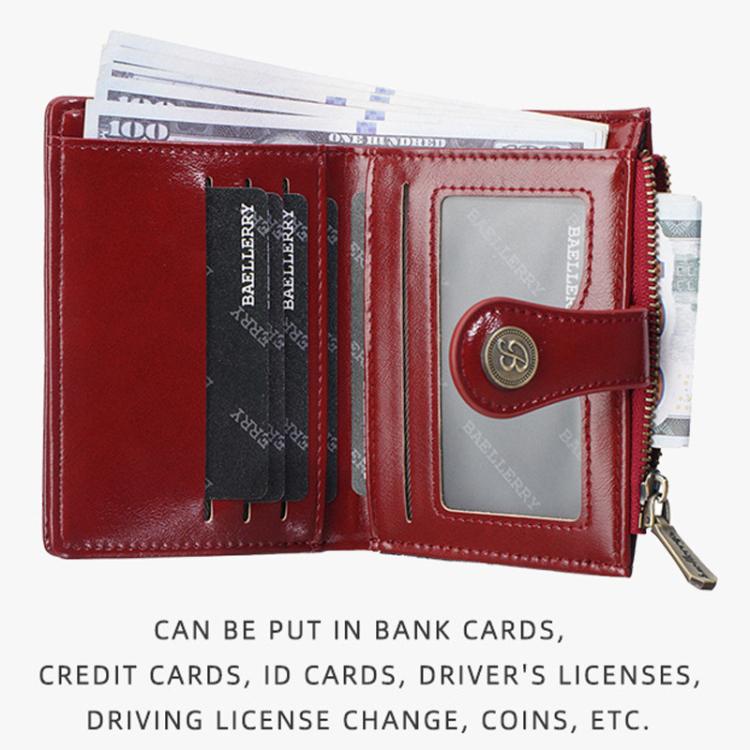 Red women’s short wallet with card slots and coin pocket, shown open with contents