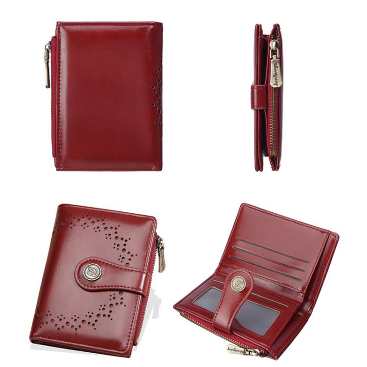 Red leather short wallet with perforated design, zipper coin pocket, multi-card slots