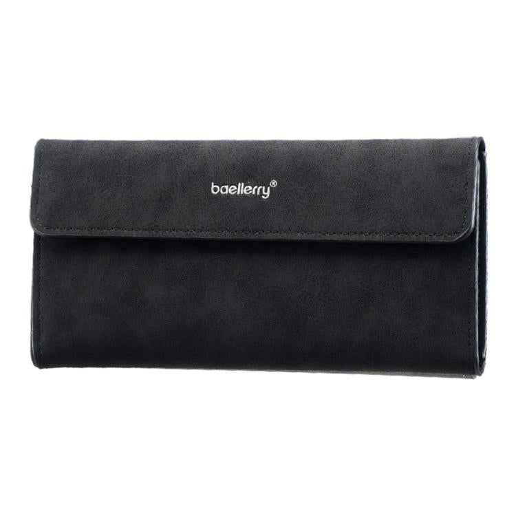 Men's long flip-cover wallet, black matte finish, minimalist tri-fold card holder
