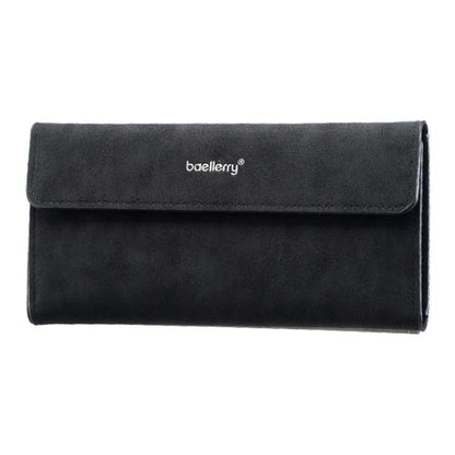 Men's long flip-cover wallet, black matte finish, minimalist tri-fold card holder