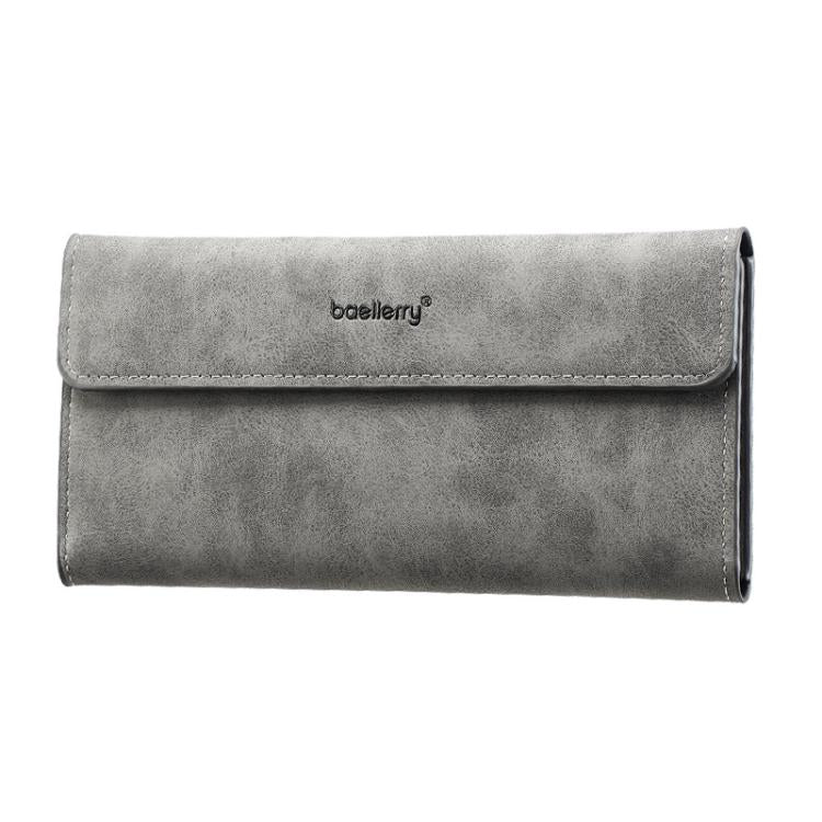 Men's long flip-cover wallet, gray matte finish, minimalist tri-fold card holder