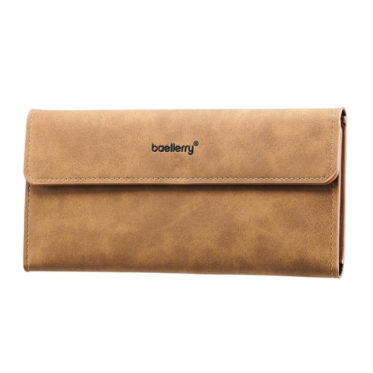 Men's long flip-cover wallet, brown matte finish, minimalist tri-fold card holder