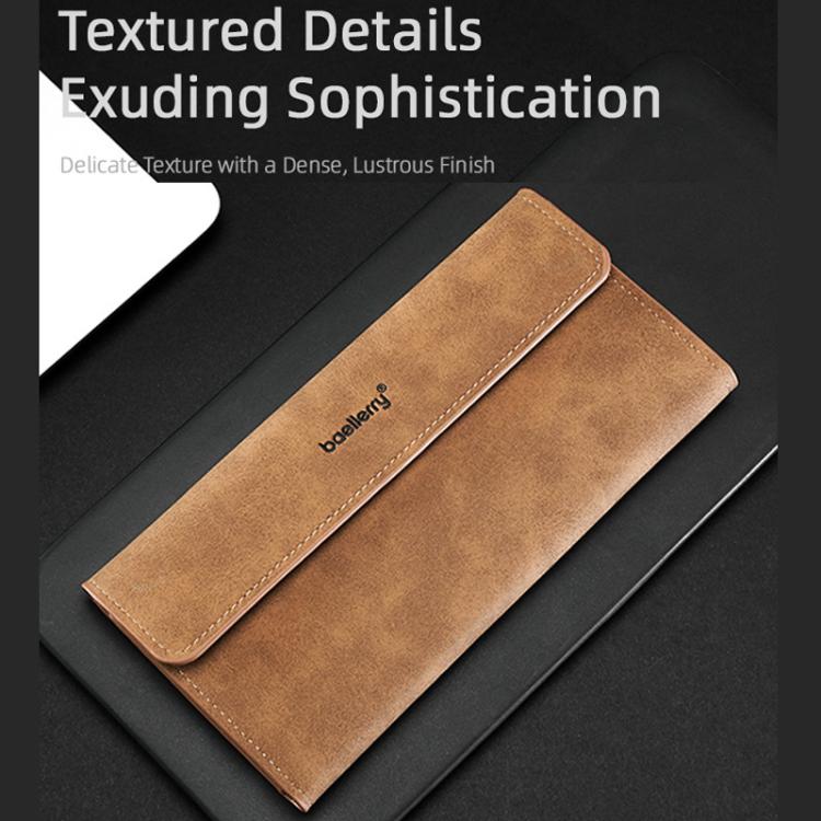 Brown tri-fold flip wallet with leather-look texture, front cover and logo panel