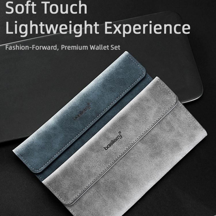 Blue and gray tri-fold flip wallets with leather-look texture, front cover and logo panel