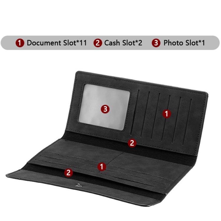 Black wallet interior layout with card slots, cash area, and photo window
