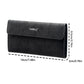 Black long flip-cover wallet with size markings: 19cm x 9.5cm x 2cm