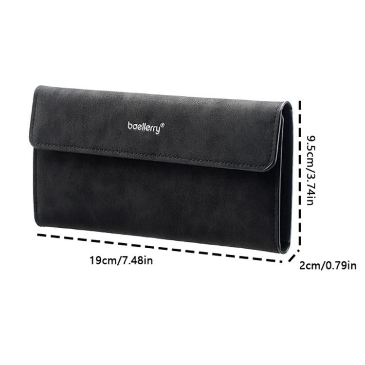 Black long flip-cover wallet with size markings: 19cm x 9.5cm x 2cm