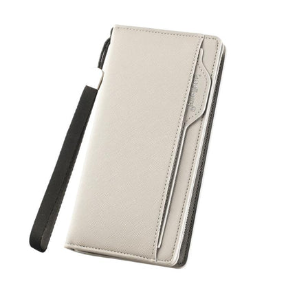 Light gray men’s long zip wallet with wrist strap and card slots