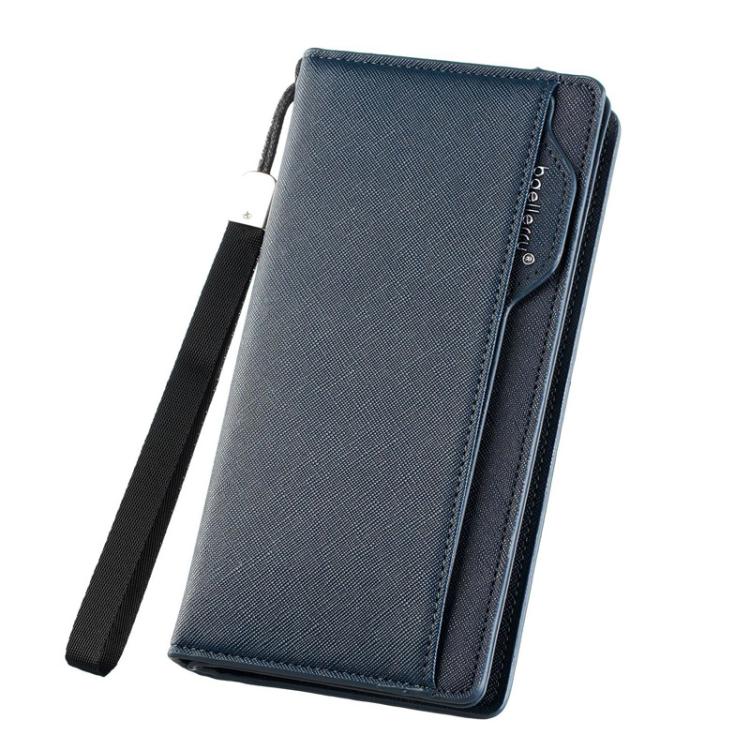 Navy blue men’s long zip wallet with wrist strap and card slots