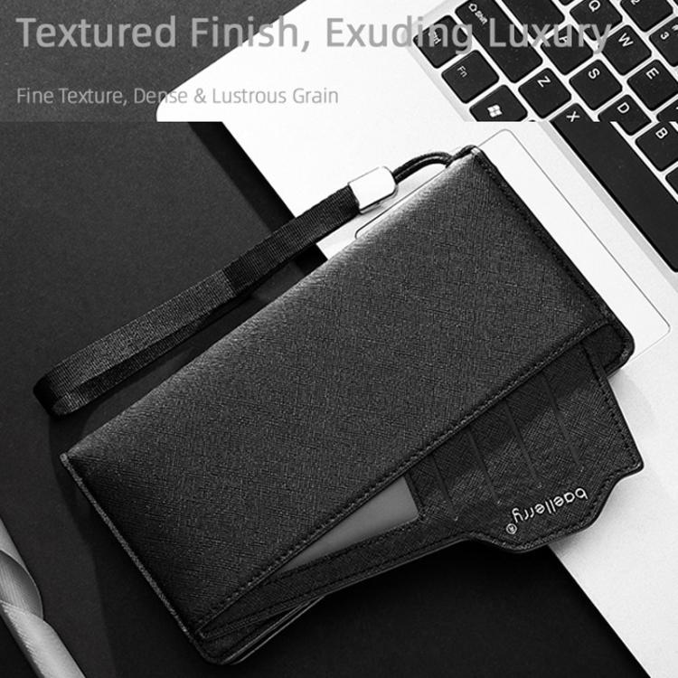 Black men’s long zip wallet with textured finish and wrist strap
