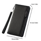 Black men’s long zip wallet with wrist strap, shown with size measurements