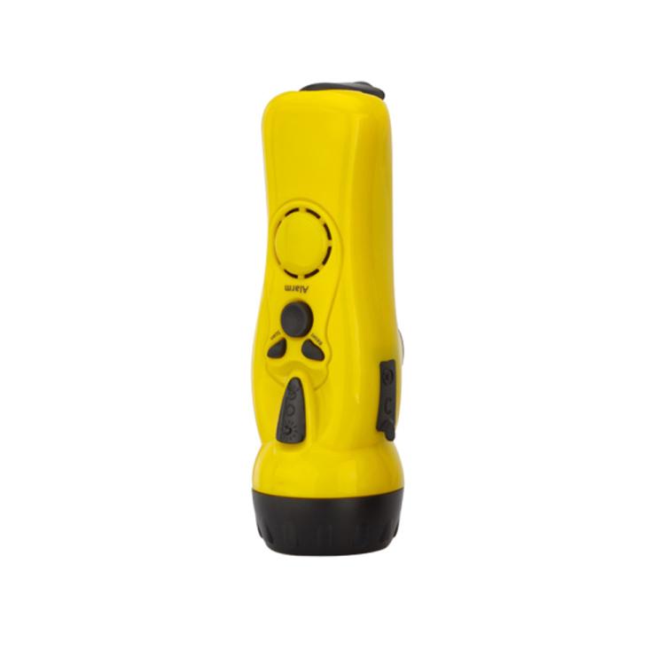 Yellow emergency LED hand-crank flashlight with radio-style control buttons