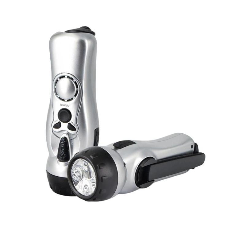 Silver handheld emergency flashlight with LED beam head and crank handle
