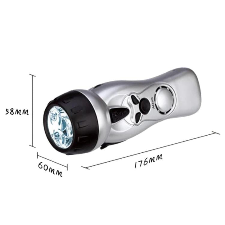 Silver LED emergency flashlight with crank handle, shown with size measurements