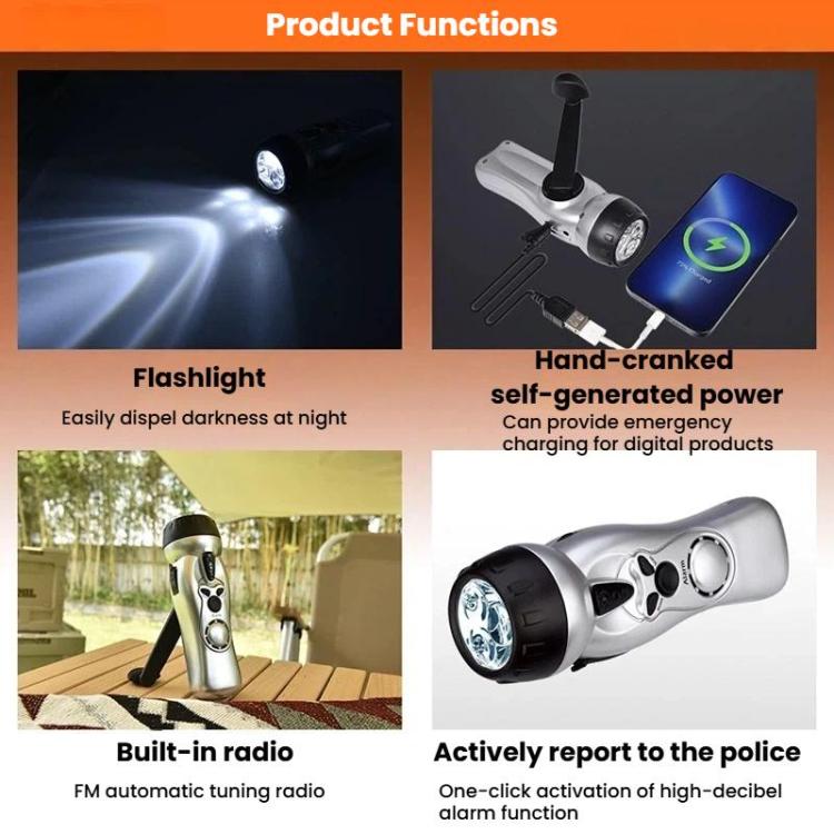 Emergency hand-crank LED flashlight with built-in radio controls