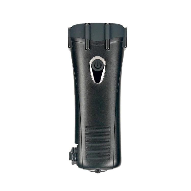 Black LED emergency flashlight with hand-crank top and lanyard loop
