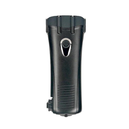 Black LED emergency flashlight with hand-crank top and lanyard loop