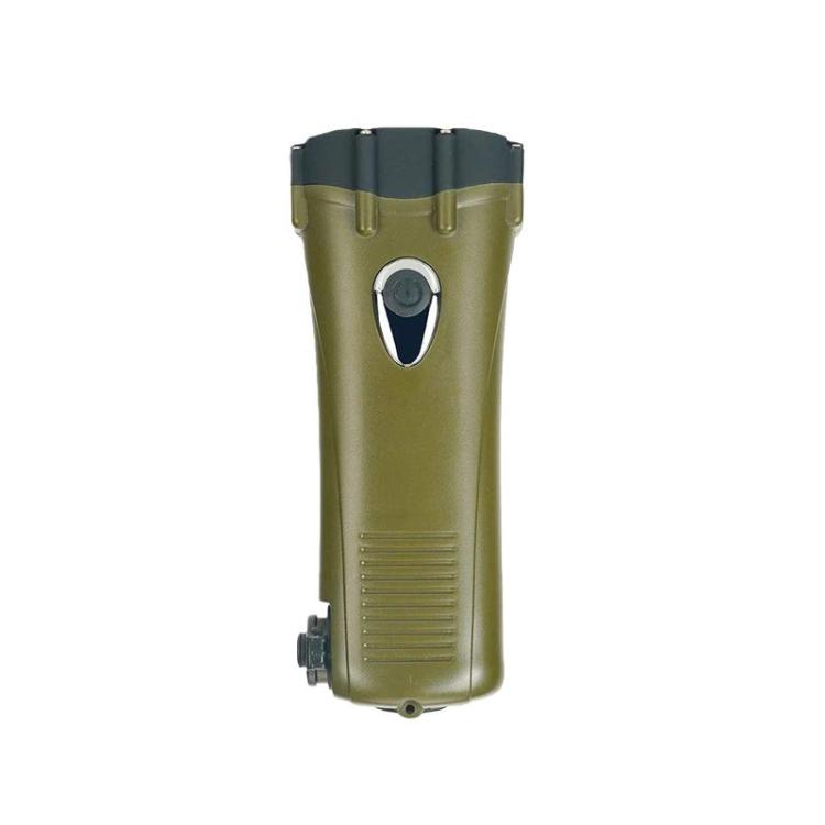 Green LED emergency flashlight with hand-crank top and lanyard loop