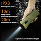 Green LED emergency flashlight held in hand, compact waterproof body