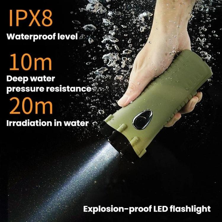 Green LED emergency flashlight held in hand, compact waterproof body