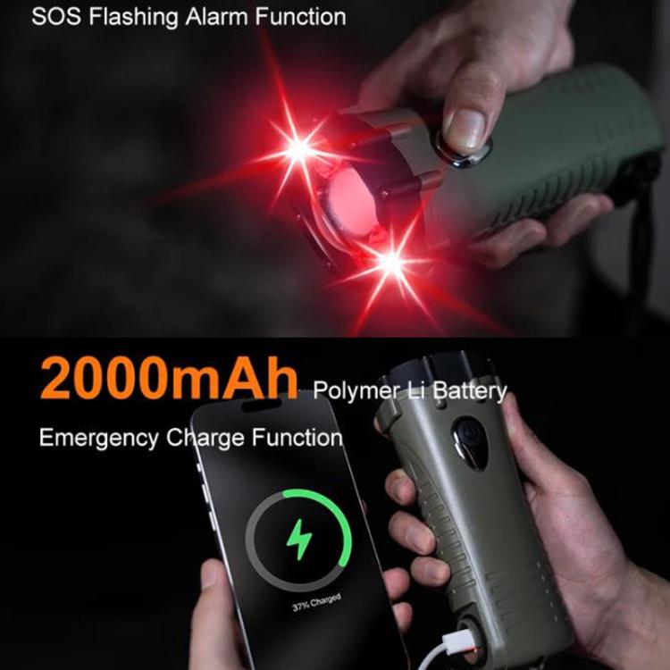 Green LED emergency flashlight with SOS alarm lights and front charging indicator