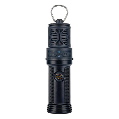 Portable mosquito repellent heater with hanging loop handle, dark body with vent patterns