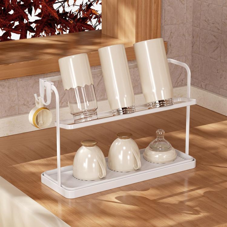 White double-tier cup rack with removable drip tray holding cups and glassware