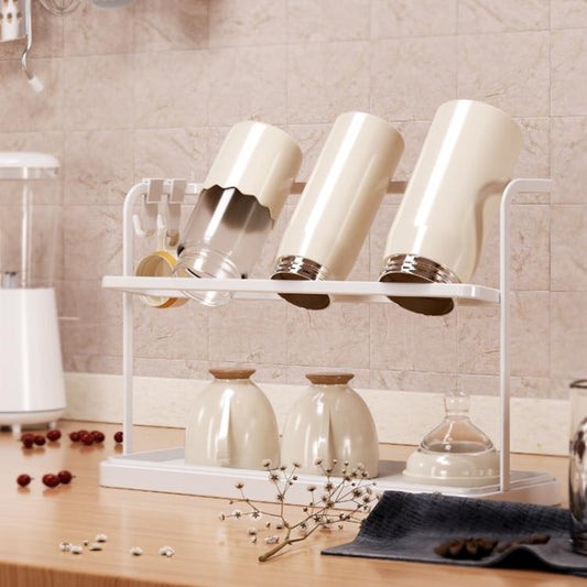 Double Tier Cup Rack With Removable Drip Tray Hanging Organizer For Coffee Mugs, Tea Cups, Thermos, And Glassware