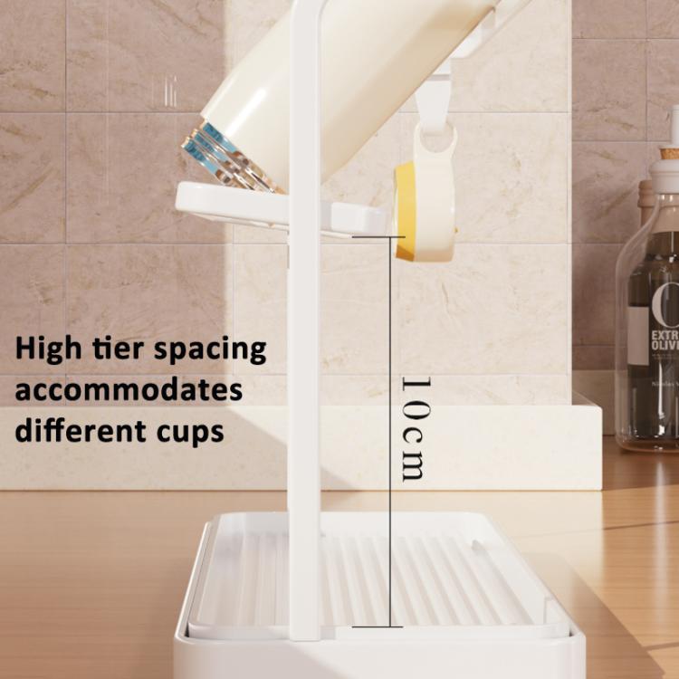 White rack with spaced upper tier for different cup sizes and drip tray