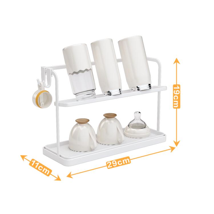 White double-tier cup rack organizer with size indicators and stored cups