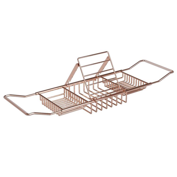 Rose gold stainless steel extendable bathtub caddy with tablet stand and three-tier storage rack