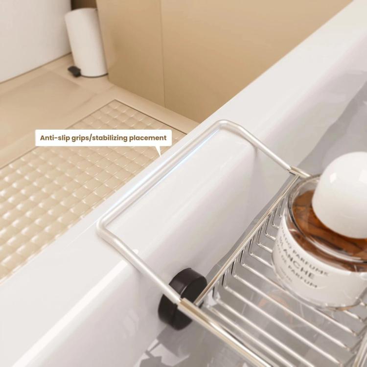 Silver stainless steel bathtub caddy with anti-slip stabilizer clamp and side railing