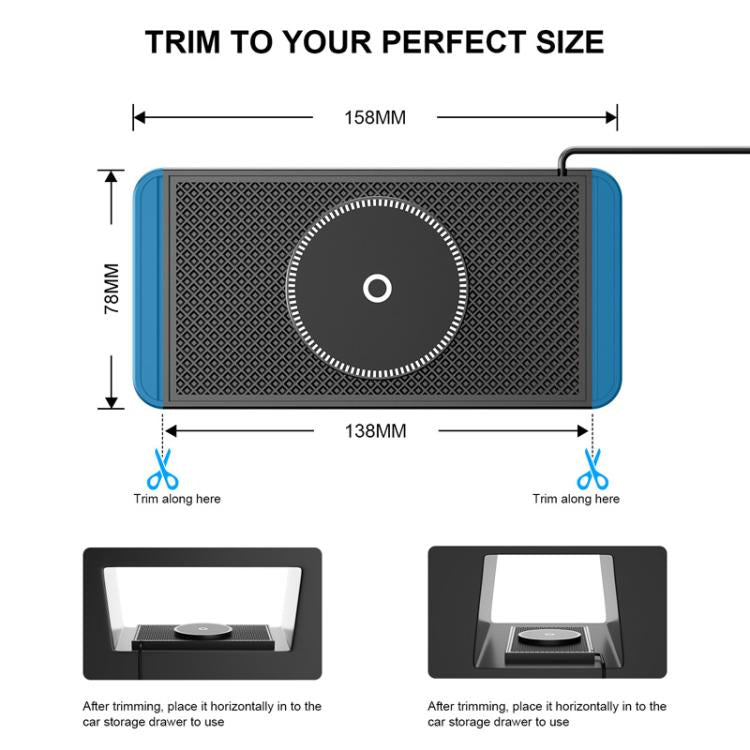 Wireless car charging mat size guide with trim-to-fit edges and circular center pad