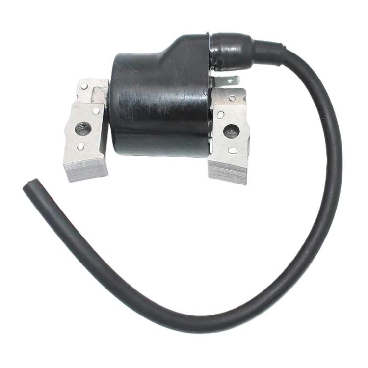 Lawn mower ignition coil with black housing, metal brackets, and black wire leads