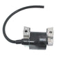 Lawn mower ignition coil with black canister and two metal mounting tabs, black cable