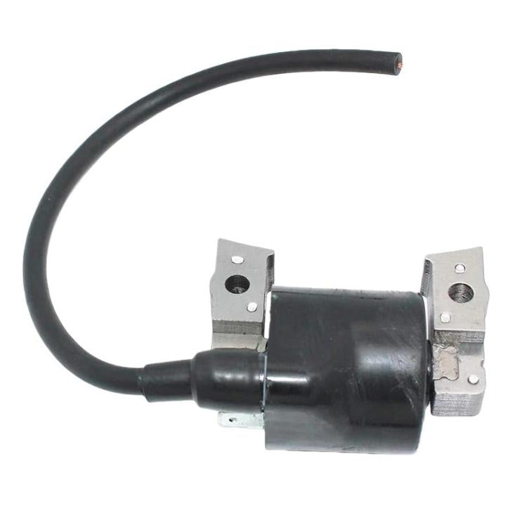 Lawn mower ignition coil with black canister and two metal mounting tabs, black cable
