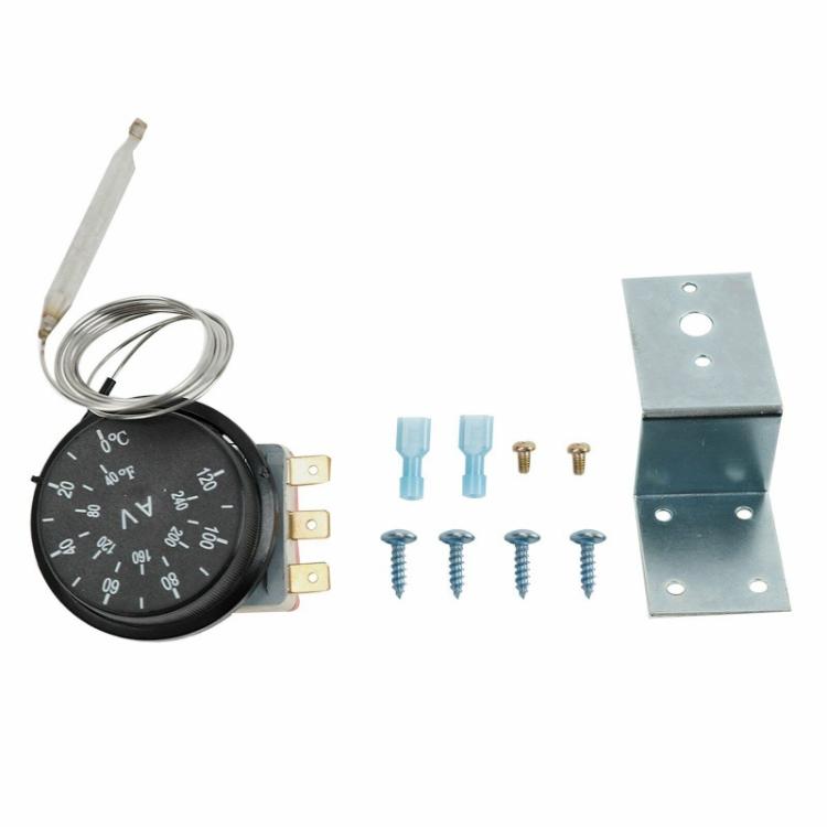 Electric thermostat switch kit with temperature dial, probe wire, brackets, and screws